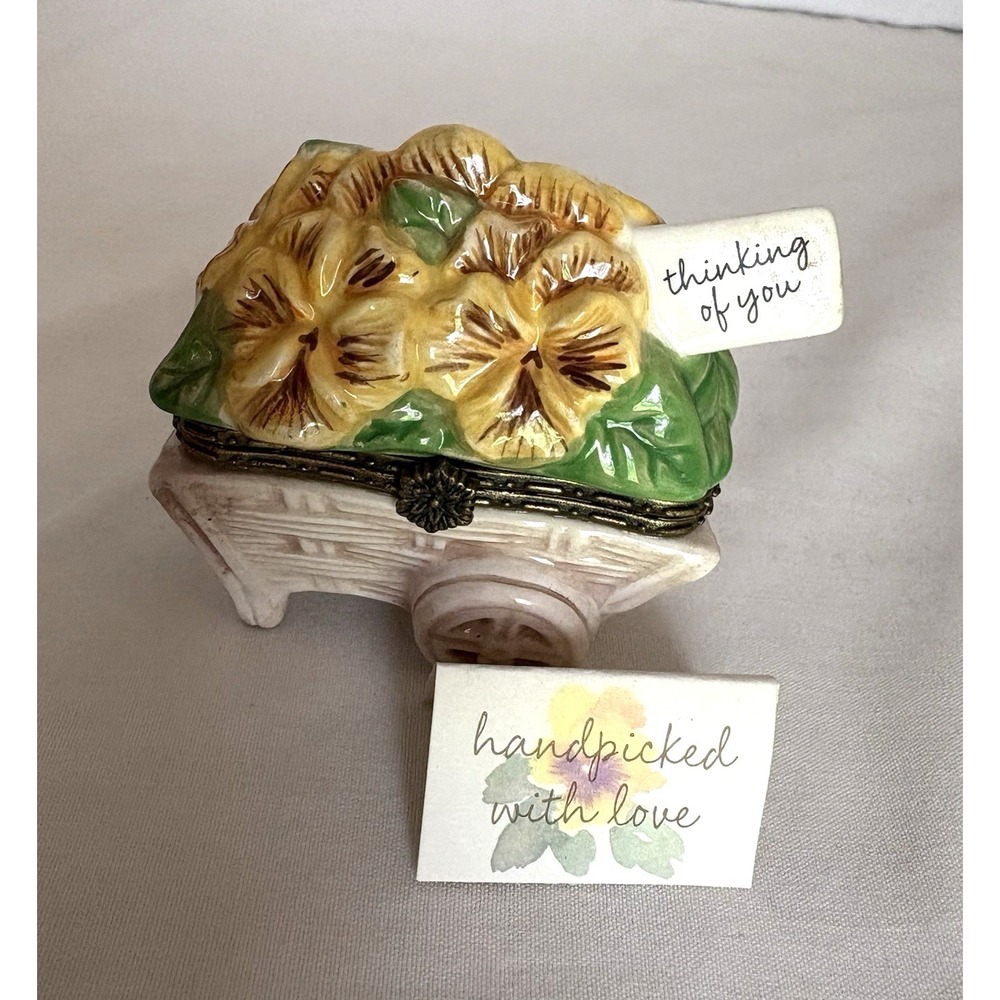 Hallmark Trinket Box Wheelbarrow Pansies Thinking of You Hinged with Notecard